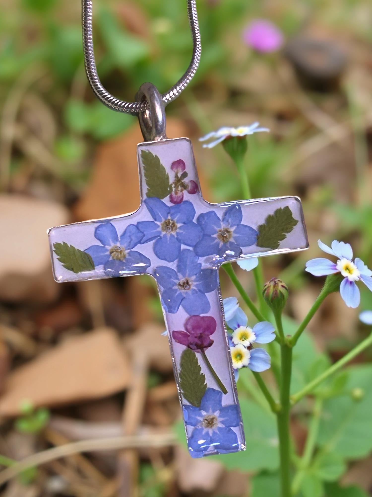 Small Cross Necklace with REAL FLOWERS