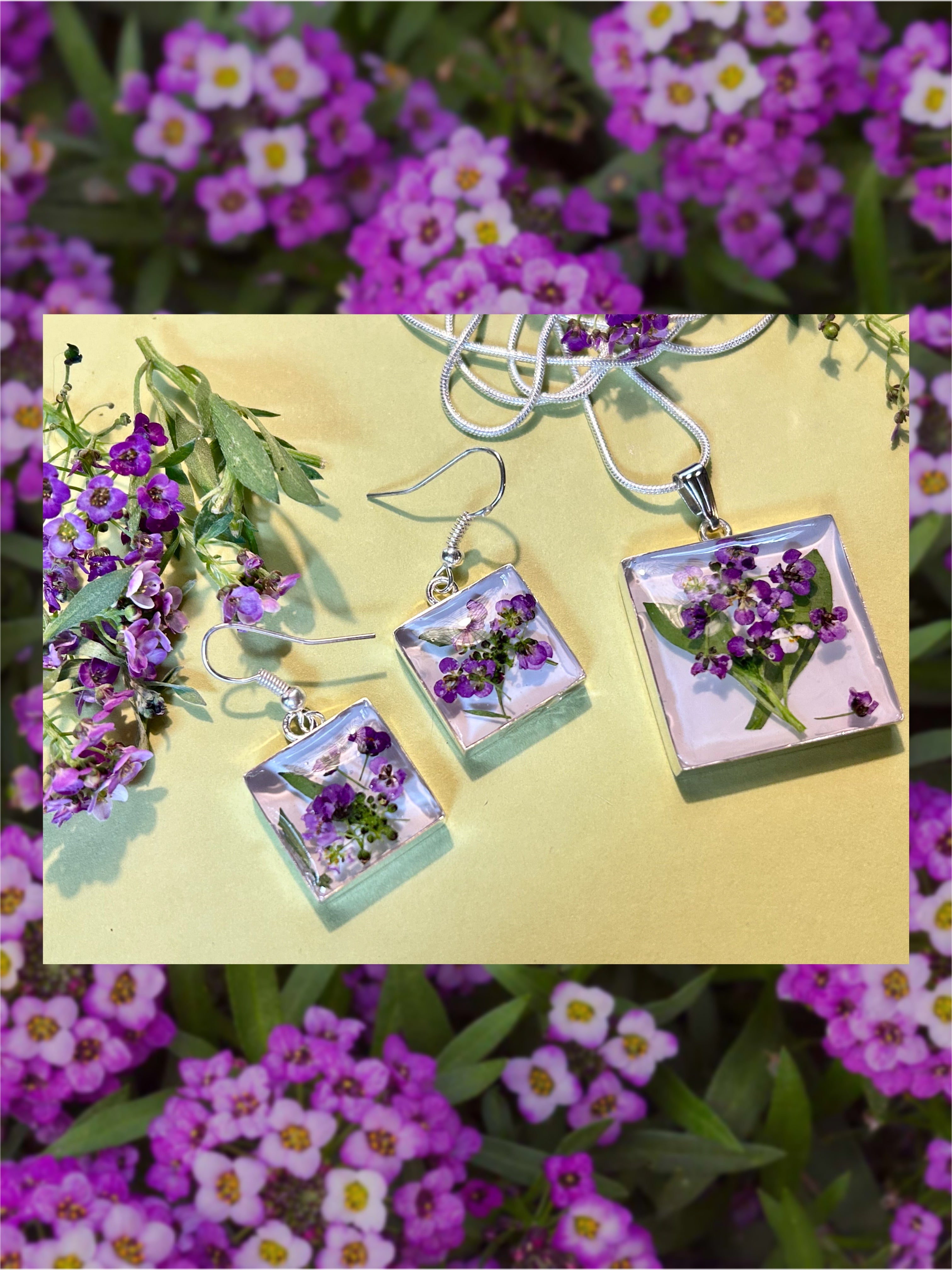 Pressed Flower Purple Flowers Jewelry Set