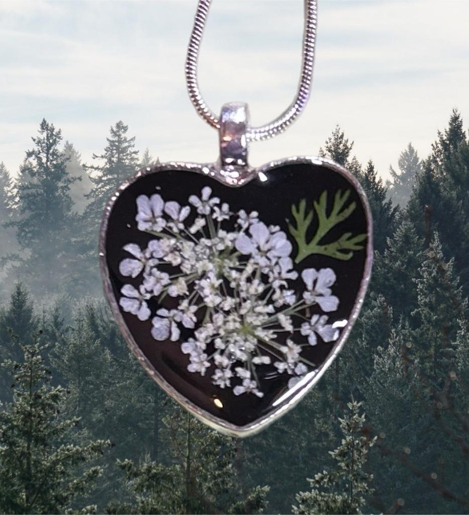 Heart Shaped Pendant with Queen Anne’s Lace