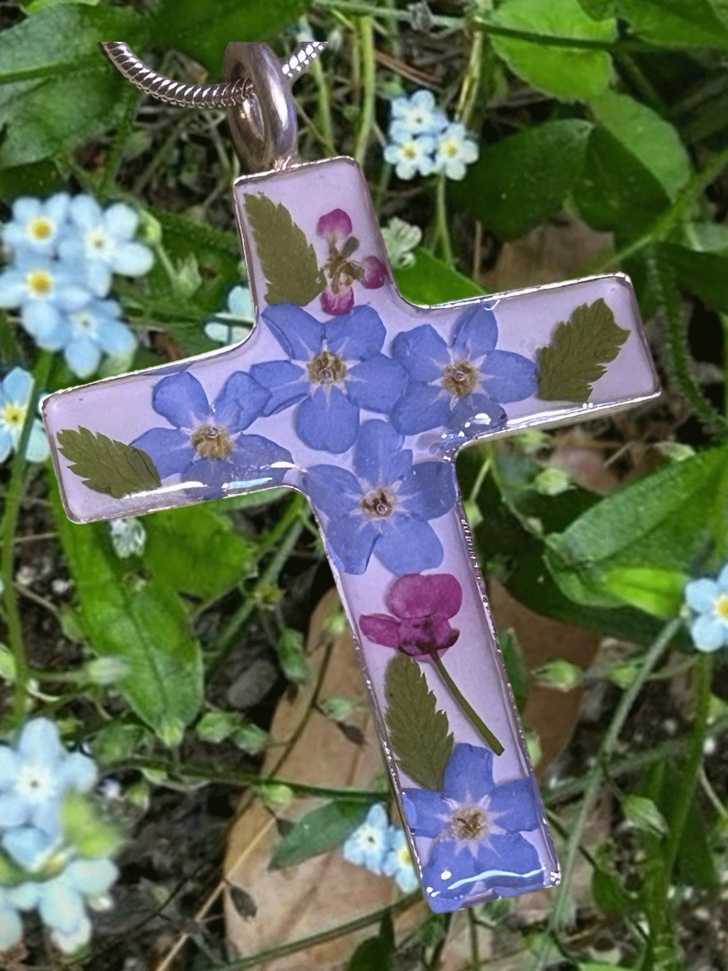 Small Cross Necklace with REAL FLOWERS