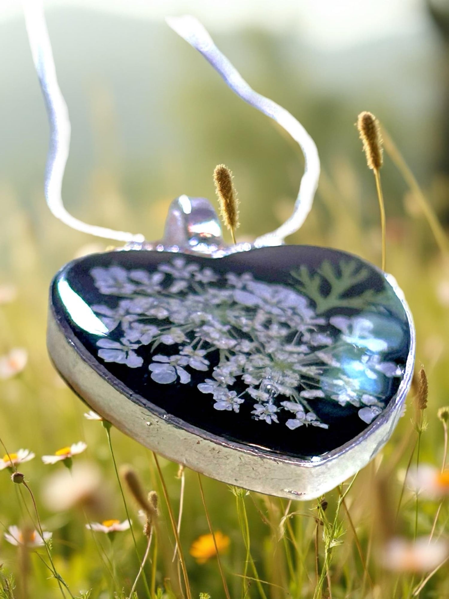 real pressed flower heart pendant