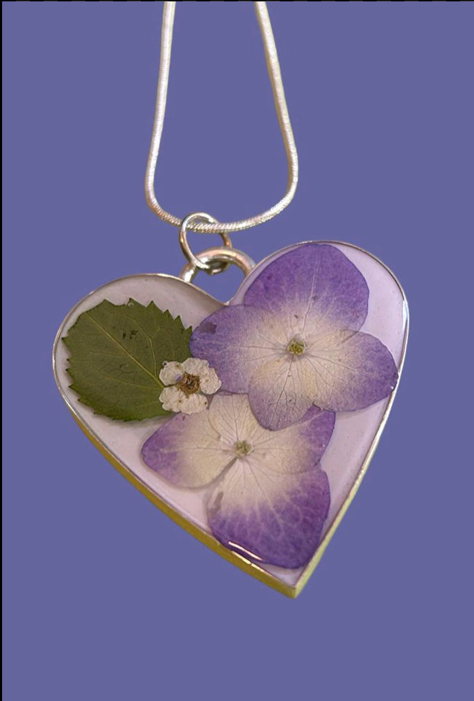 Large Silver Heart Pendant with Real Blue Hydrangeas